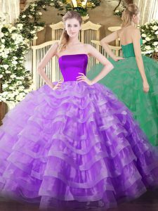 Charming Floor Length Zipper Quince Ball Gowns Lilac for Military Ball and Sweet 16 and Quinceanera with Ruffled Layers