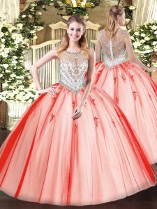 Fashionable Floor Length Ball Gowns Sleeveless Coral Red Quinceanera Dresses Zipper