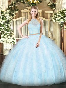 Elegant Light Blue Two Pieces Lace and Ruffles 15 Quinceanera Dress Zipper Tulle Sleeveless Floor Length
