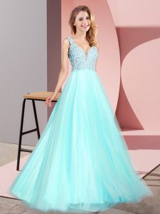Suitable Aqua Blue V-neck Zipper Lace Prom Party Dress Sleeveless