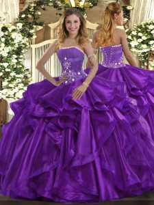Comfortable Purple Ball Gowns Beading and Ruffles Ball Gown Prom Dress Lace Up Organza Sleeveless Floor Length