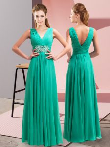 New Arrival Sleeveless Chiffon Floor Length Side Zipper Evening Dress in Turquoise with Beading and Ruching