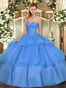 Floor Length Lace Up Vestidos de Quinceanera Baby Blue for Military Ball and Sweet 16 and Quinceanera with Beading and Ruffled Layers