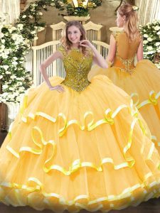 Gold Zipper Scoop Beading and Ruffled Layers Quinceanera Dress Organza Cap Sleeves