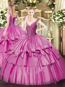 V-neck Sleeveless 15th Birthday Dress Floor Length Beading and Ruffled Layers Lilac Organza and Taffeta