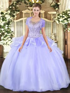 Dynamic Scoop Sleeveless Sweet 16 Quinceanera Dress Floor Length Beading and Ruffles Lavender Organza and Tulle
