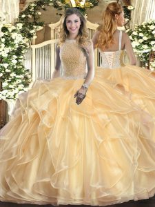 Sleeveless Organza Floor Length Lace Up Quinceanera Dresses in Champagne with Beading and Ruffles