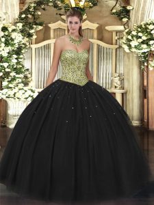 Black Ball Gowns Tulle Sweetheart Sleeveless Beading Floor Length Lace Up Quinceanera Gown