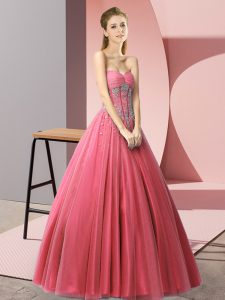 Affordable Sleeveless Tulle Floor Length Lace Up Prom Dresses in Coral Red with Beading