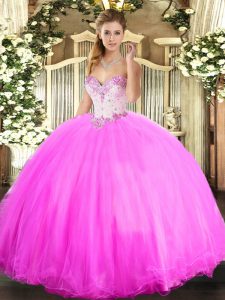 Sleeveless Floor Length Beading Lace Up Sweet 16 Dresses with Rose Pink