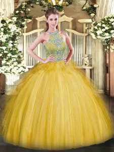 Gold 15 Quinceanera Dress Military Ball and Sweet 16 and Quinceanera with Beading and Ruffles Halter Top Sleeveless Lace Up