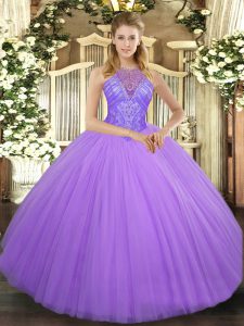 Custom Designed Lavender Tulle Lace Up High-neck Sleeveless Floor Length Quinceanera Dress Beading