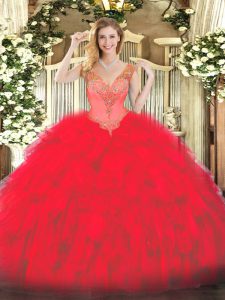Floor Length Red 15th Birthday Dress V-neck Sleeveless Lace Up