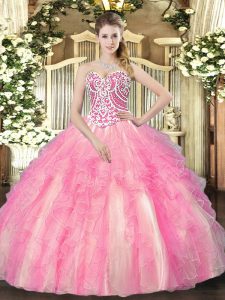 Rose Pink Ball Gowns Beading and Ruffles Sweet 16 Dress Lace Up Tulle Sleeveless Floor Length
