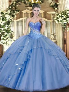 Traditional Ball Gowns 15 Quinceanera Dress Aqua Blue Sweetheart Tulle Sleeveless Floor Length Lace Up