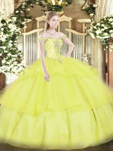 Yellow Off The Shoulder Neckline Beading and Ruffled Layers Quinceanera Dress Sleeveless Lace Up