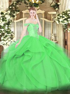 Smart Green Tulle Lace Up Off The Shoulder Sleeveless Floor Length Quinceanera Gown Beading and Ruffles