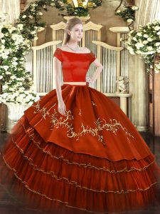 Stunning Organza and Taffeta Off The Shoulder Short Sleeves Zipper Embroidery and Ruffled Layers Sweet 16 Dress in Rust Red