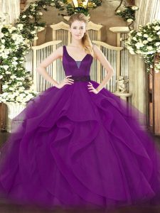 Stunning Purple Zipper Vestidos de Quinceanera Beading and Ruffles Sleeveless Floor Length