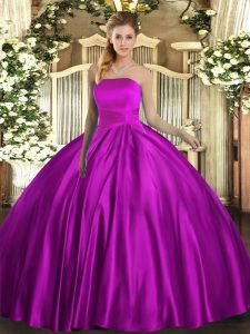 Fuchsia Satin Lace Up Strapless Sleeveless Floor Length 15 Quinceanera Dress Ruching