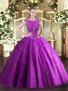 Fuchsia Sleeveless Tulle Zipper 15th Birthday Dress for Military Ball and Sweet 16 and Quinceanera