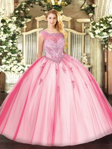 Pink Zipper Vestidos de Quinceanera Beading and Appliques Sleeveless Floor Length