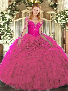 Fuchsia Organza Lace Up Quinceanera Gowns Long Sleeves Floor Length Lace and Ruffles