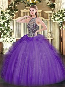 Chic Floor Length Lavender 15th Birthday Dress Halter Top Sleeveless Lace Up