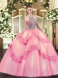 Beauteous Baby Pink Lace Up Quinceanera Gowns Beading and Appliques Sleeveless Floor Length