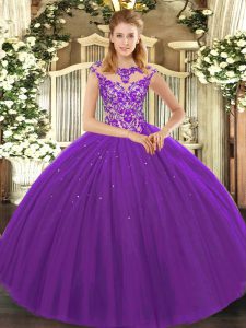 Floor Length Lace Up Ball Gown Prom Dress Eggplant Purple for Sweet 16 and Quinceanera with Beading and Appliques