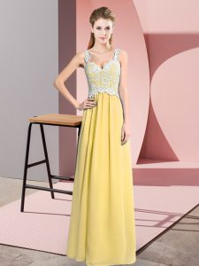 Beauteous Floor Length Yellow Evening Dress V-neck Sleeveless Zipper