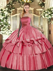 Coral Red Sleeveless Organza Lace Up Sweet 16 Dress for Military Ball and Sweet 16 and Quinceanera