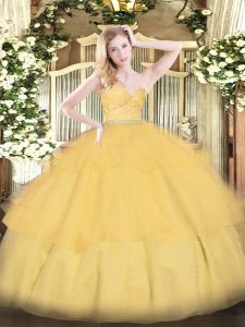 Cute Sweetheart Sleeveless Tulle Ball Gown Prom Dress Beading and Lace and Ruffled Layers Zipper