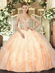 Peach Organza Lace Up Quinceanera Dress Sleeveless Floor Length Beading and Ruffles