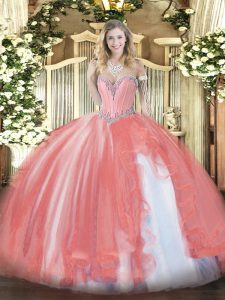 Custom Made Coral Red Sleeveless Beading and Ruffles Floor Length Sweet 16 Dresses