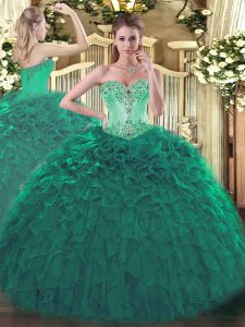Turquoise Sweetheart Neckline Beading and Ruffles Quinceanera Gowns Sleeveless Lace Up