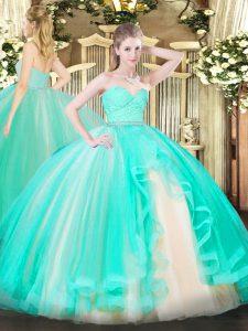 Glamorous Apple Green Sleeveless Beading and Lace and Ruffles Floor Length Quinceanera Dress