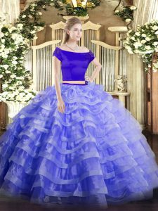 On Sale Blue Zipper Off The Shoulder Appliques and Ruffled Layers Sweet 16 Dresses Tulle Short Sleeves