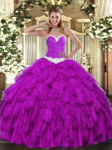 Purple Organza Lace Up Ball Gown Prom Dress Sleeveless Floor Length Appliques and Ruffles
