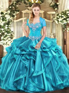 Admirable Aqua Blue Sleeveless Floor Length Beading and Ruffles Lace Up Sweet 16 Quinceanera Dress