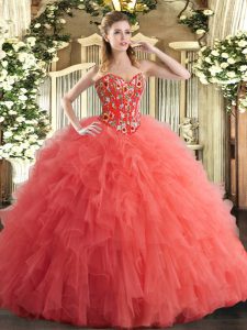 Watermelon Red Sleeveless Tulle Lace Up Quinceanera Gowns for Military Ball and Sweet 16 and Quinceanera