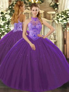Perfect Purple Halter Top Neckline Beading and Appliques and Embroidery Quinceanera Gowns Sleeveless Lace Up