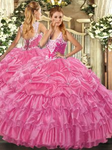 Straps Sleeveless Lace Up Quinceanera Dresses Rose Pink Organza