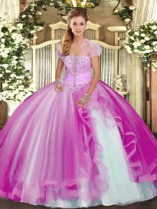 Fuchsia Strapless Neckline Appliques and Ruffles Quinceanera Dress Sleeveless Lace Up