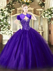 Cute Purple Ball Gowns Sweetheart Sleeveless Tulle Floor Length Lace Up Beading Sweet 16 Dress