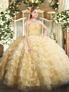 Perfect Sweetheart Sleeveless Vestidos de Quinceanera Floor Length Beading and Lace and Ruffled Layers Gold Tulle
