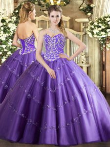 Lavender Ball Gowns Beading and Appliques Quinceanera Gowns Lace Up Tulle Sleeveless Floor Length