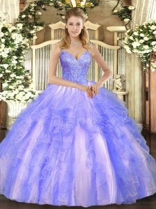 Lavender Ball Gowns Tulle V-neck Sleeveless Beading and Ruffles Floor Length Lace Up Quinceanera Gown