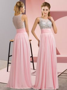 Superior Baby Pink Sleeveless Beading Floor Length Prom Evening Gown