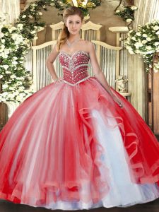 Designer Coral Red Ball Gowns Sweetheart Sleeveless Tulle Floor Length Lace Up Beading and Ruffles Vestidos de Quinceanera